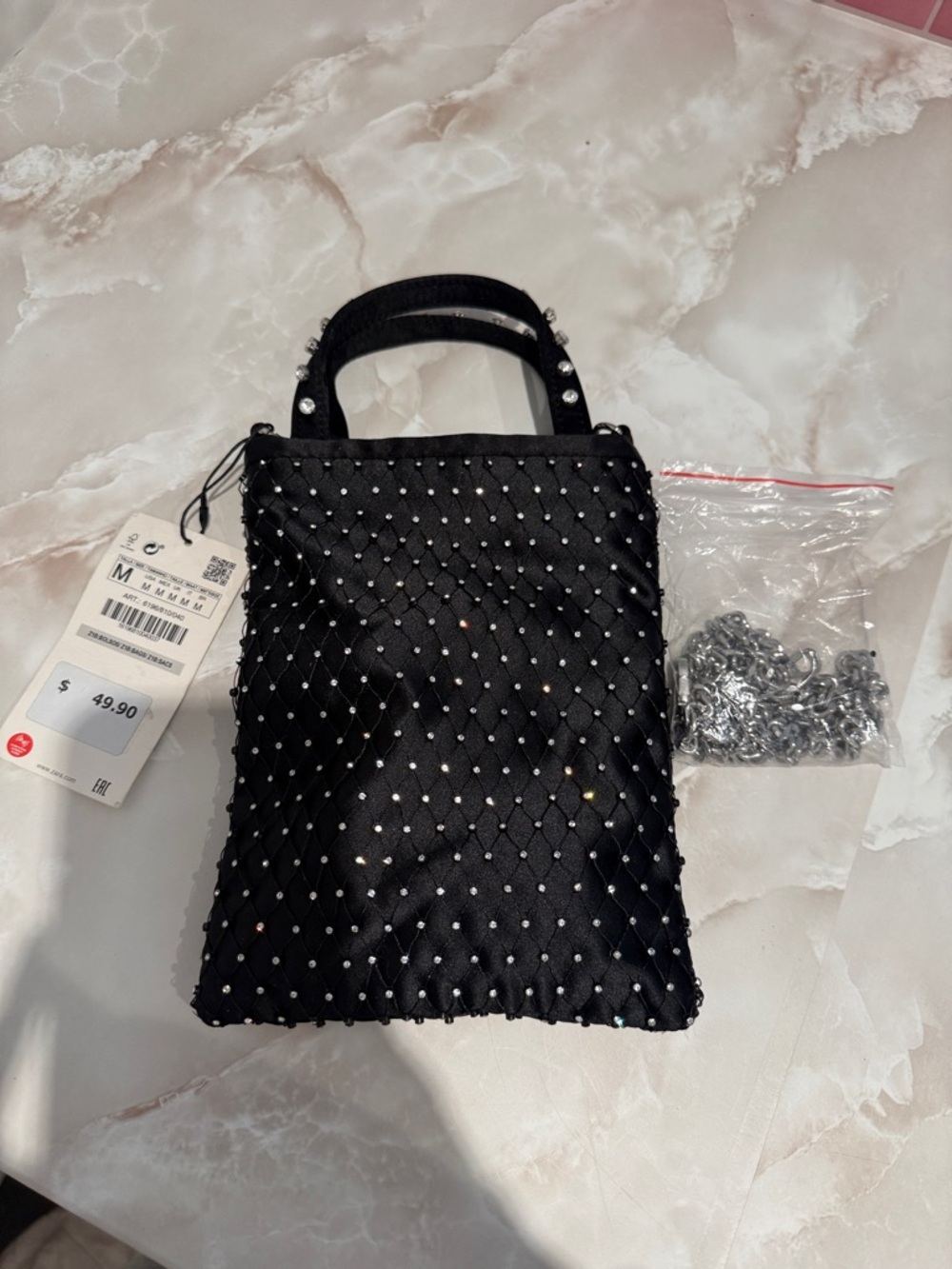 Zara Black Quilted Mini Bag with Studded Detail and Detachable Chain